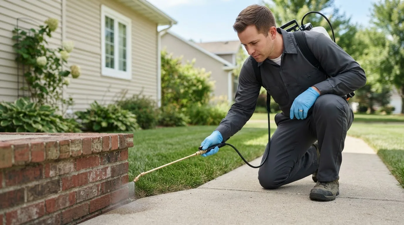 Pest control technician treating a home near Lower Peach Tree, AL